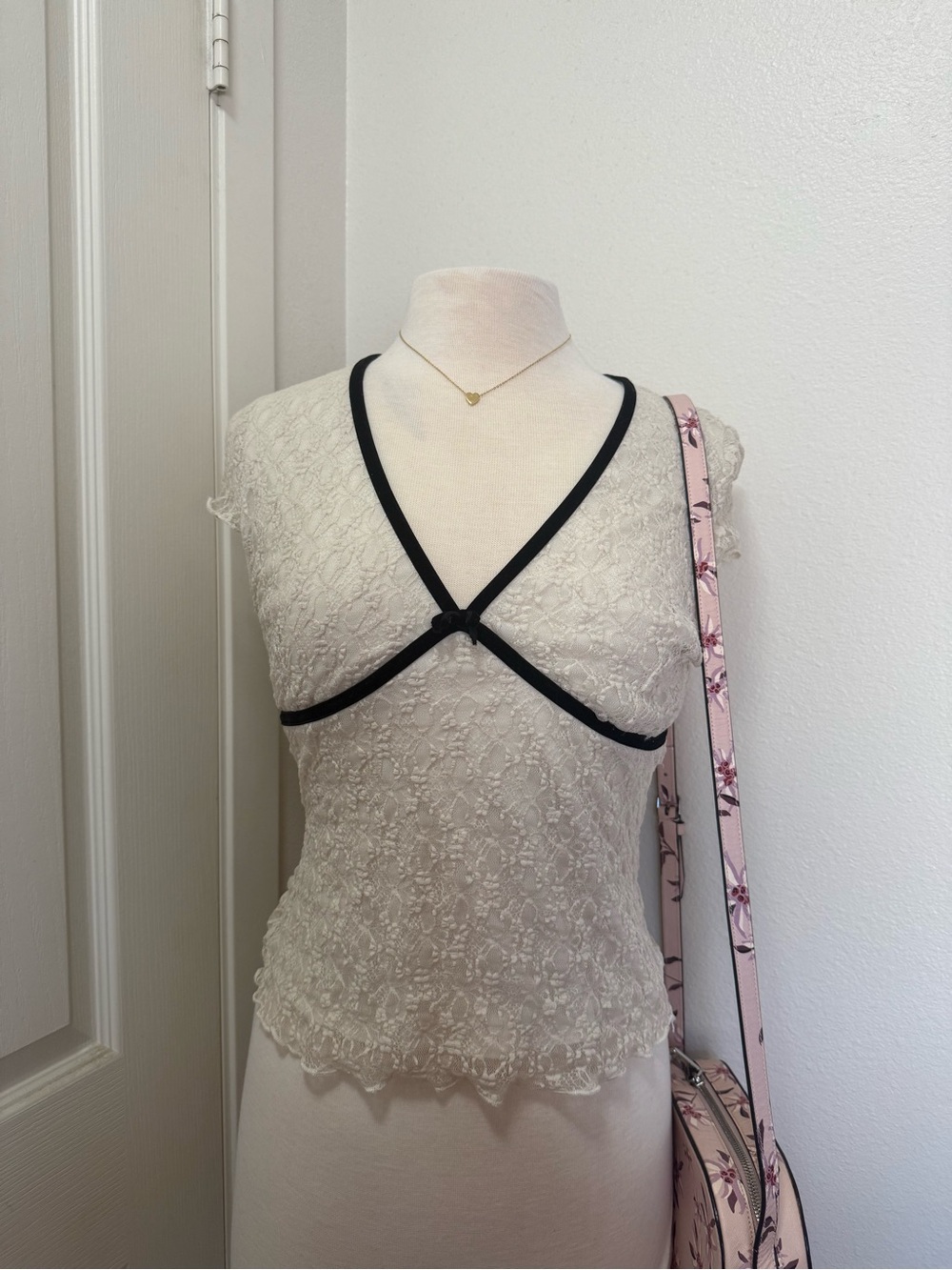 Lace V-Neck Cami with Black Trim - Cream/Black